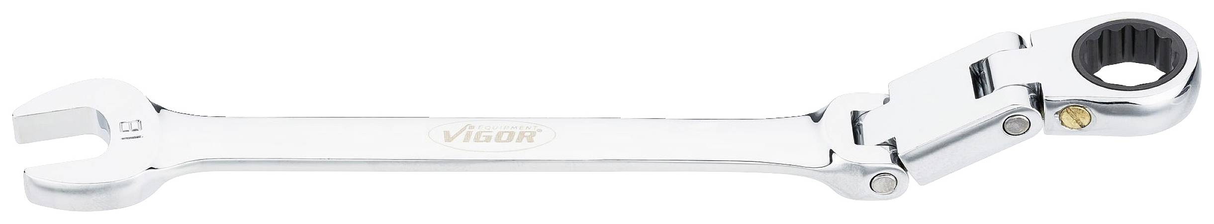 Nastawialny klucz z mechanizmem grzechotki i przegubem, wykonany z srebrnego metalu, leży na białym tle.