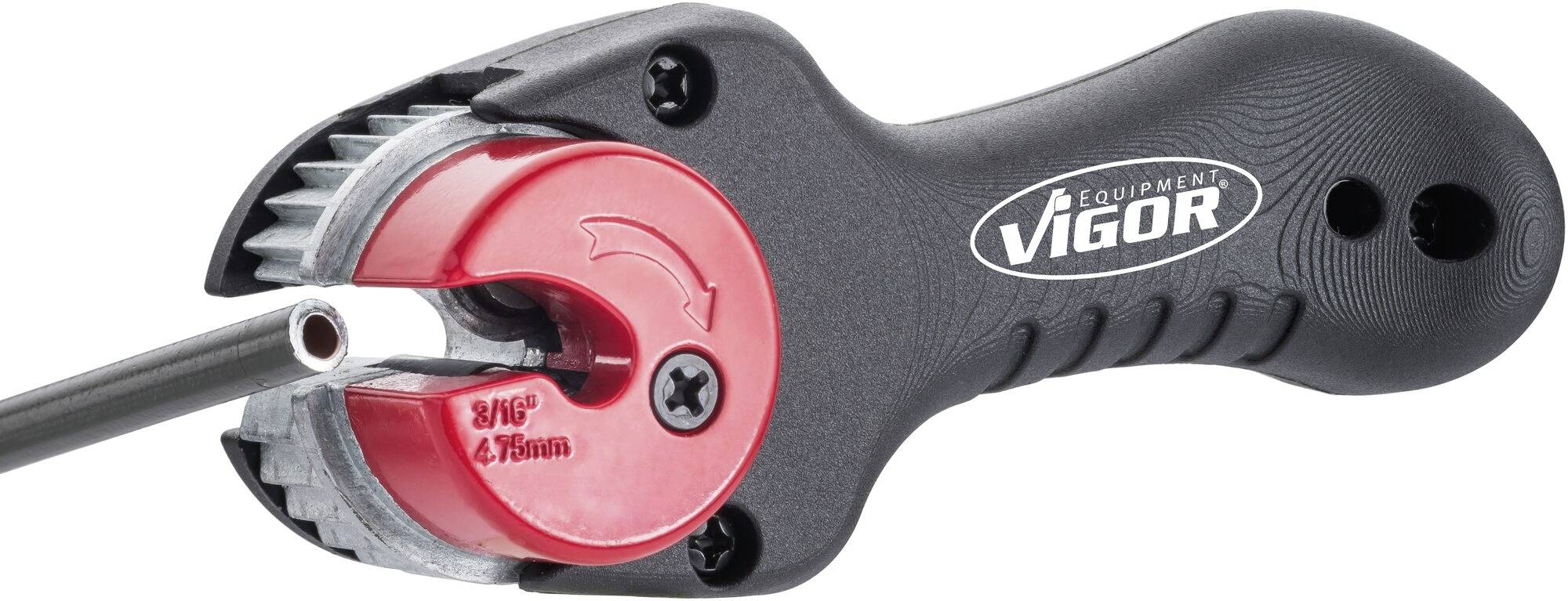 Ręczne urządzenie do cięcia rur z czerwonym mechanizmem tnącym i czarną rączką, z widoczną nazwą marki 'VIGOR'.