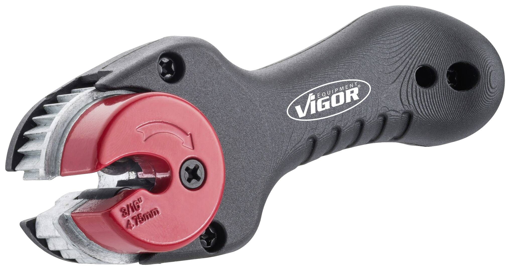 Obcinacz do rur z czarnym uchwytem i czerwoną głowicą ostrza. Logo marki 'VIGOR' na rękojeści. Przeznaczony do cięcia rur o średnicy 3/8"-15mm.