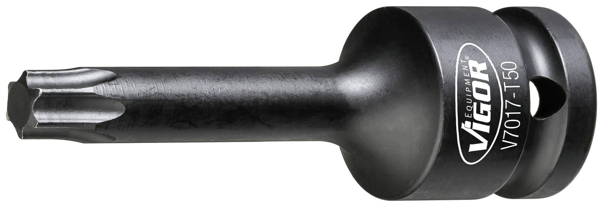 Bit do wkrętaka Torx V7017-T50 firmy Vigor, metalowy, w kształcie cylindra z trzema bocznymi rowkami, przeznaczony do prac śrubowych.