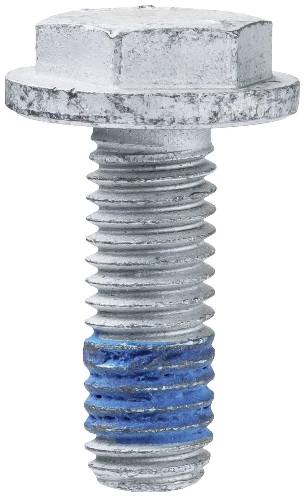 Sześciokątna śruba z szorstką, ocynkowaną powierzchnią i niebieskim uszczelnieniem. Odpowiednia do mocowań w kontekstach budowlanych lub maszynowych.