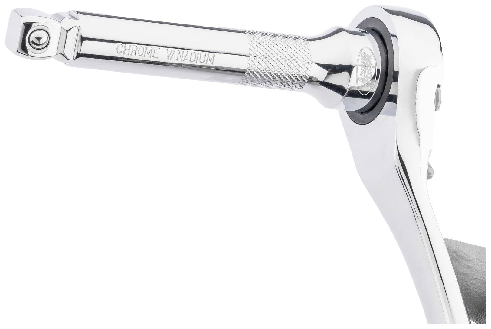 Chromowany grzechotka z napisem 'Chrome Vanadium' na dźwigni, odpowiednia do zastosowań mechanicznych.
