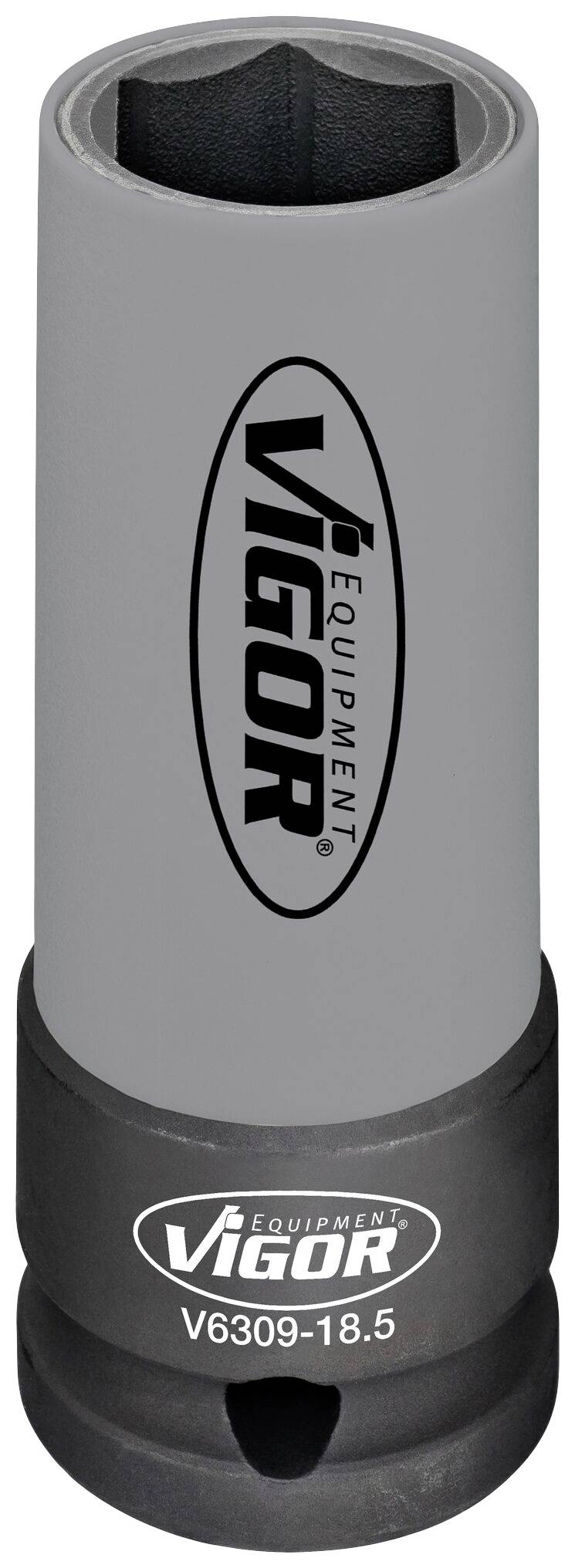 Wkładka śruby metalowej z szarą obudową z tworzywa sztucznego. Napis 'Vigor Equipment'. Widoczny numer modelu 'V6309-18.5'.
