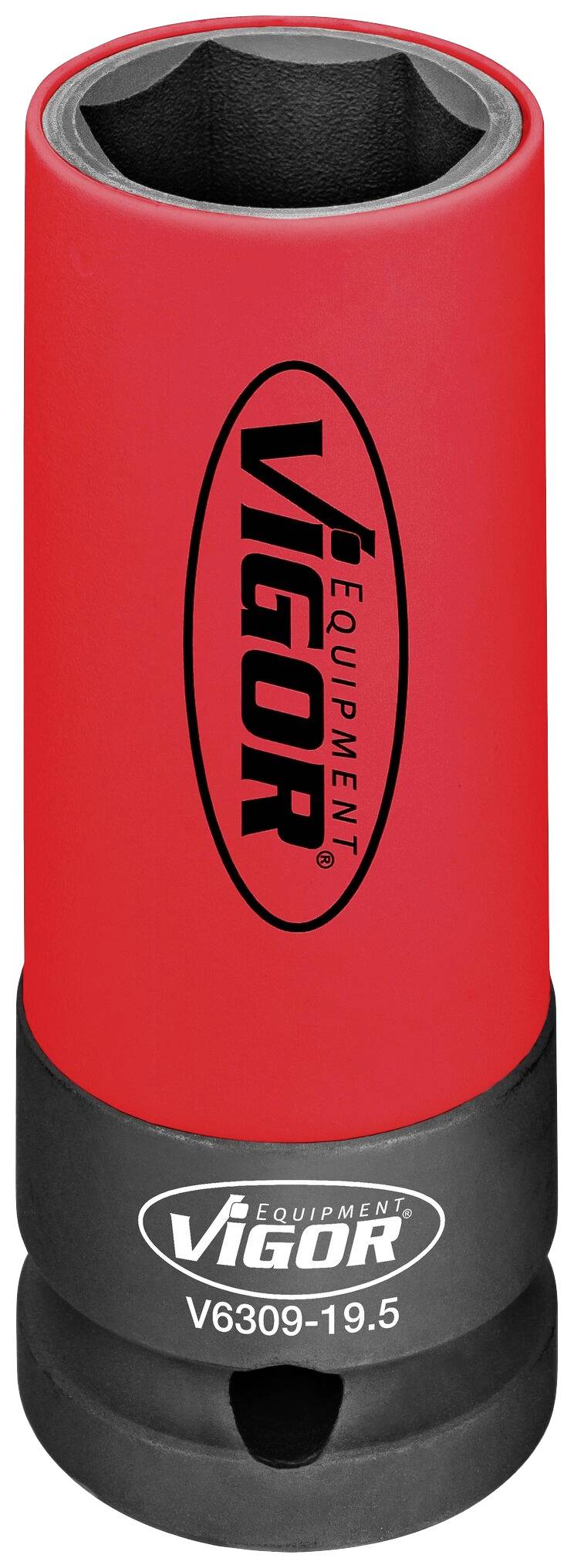 Czerwony i czarny uchwyt nasadowy firmy Vigor do klucza udarowego, numer modelu V6309-19.5.