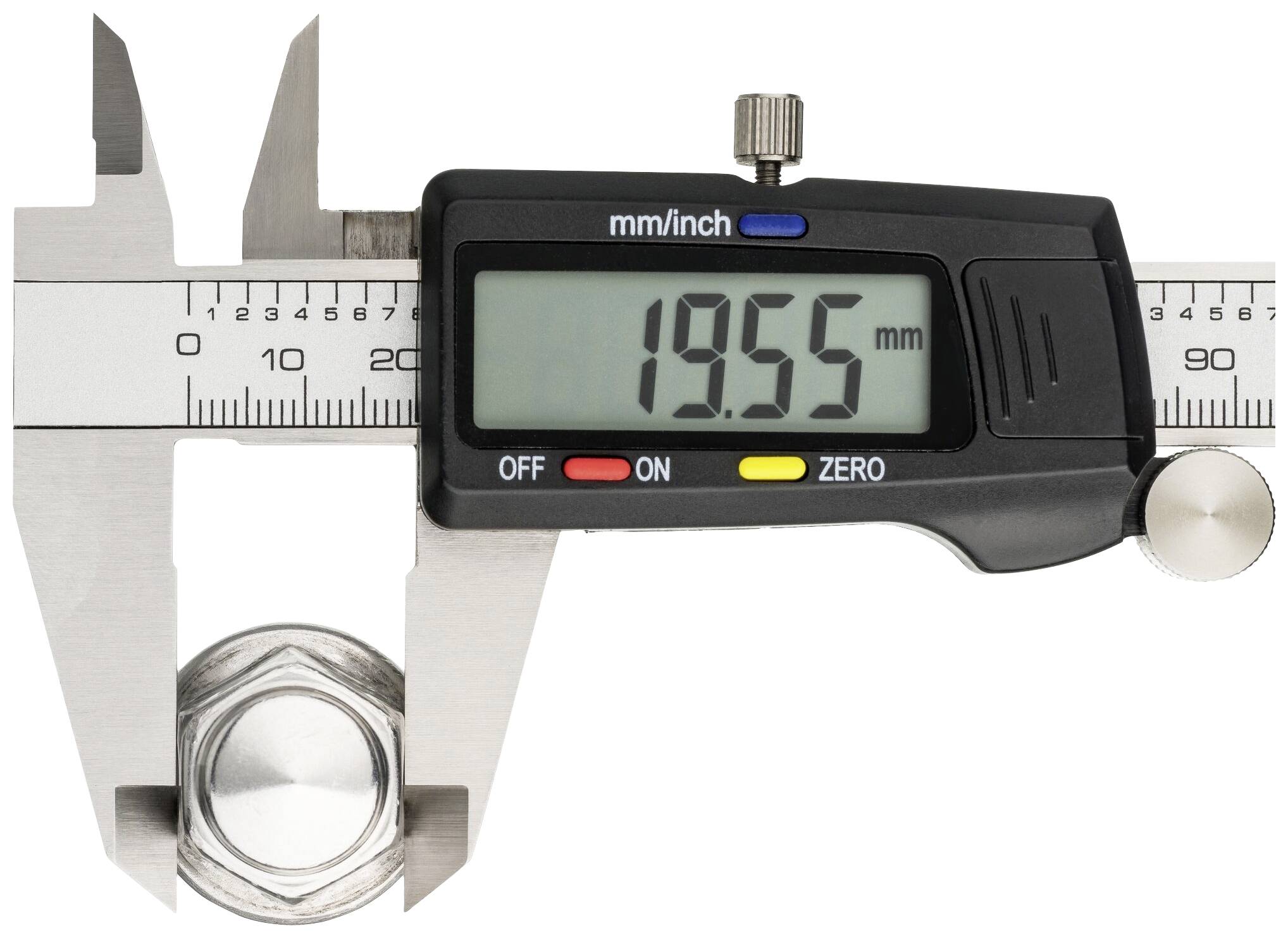 Cyfrowa suwmiarka wskazuje '19,55 mm', mierząc średnicę śruby. Skala w mm/calach dostępna.