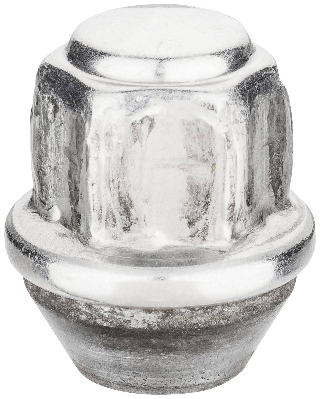 Srebrna śruba felgi o kształcie sześciokątnym z zużytą powierzchnią, używana do mocowania opon samochodowych.