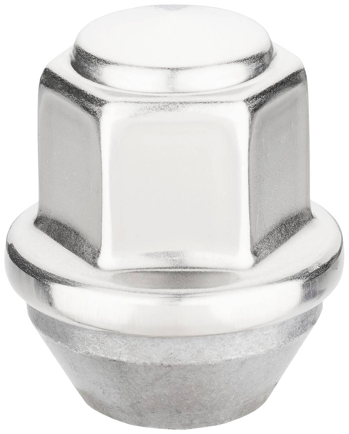 Srebrny sześciokątny kapturek nakrętki koła z białym nakryciem na wierzchu.