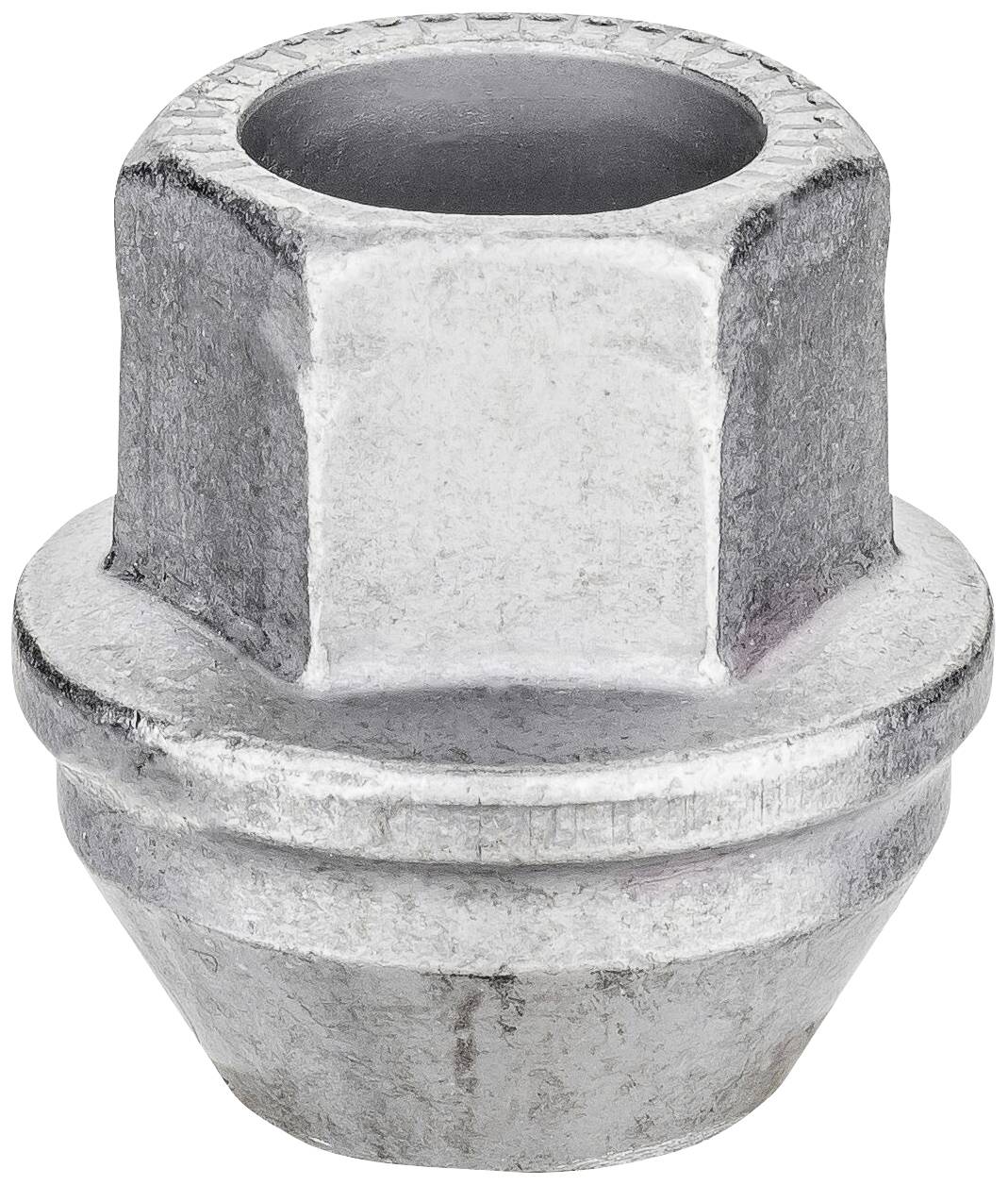 Srebrna, sześciokątna nakrętka metalowa o lekko stożkowym kształcie, najczęściej stosowana do mocowania kół samochodowych.