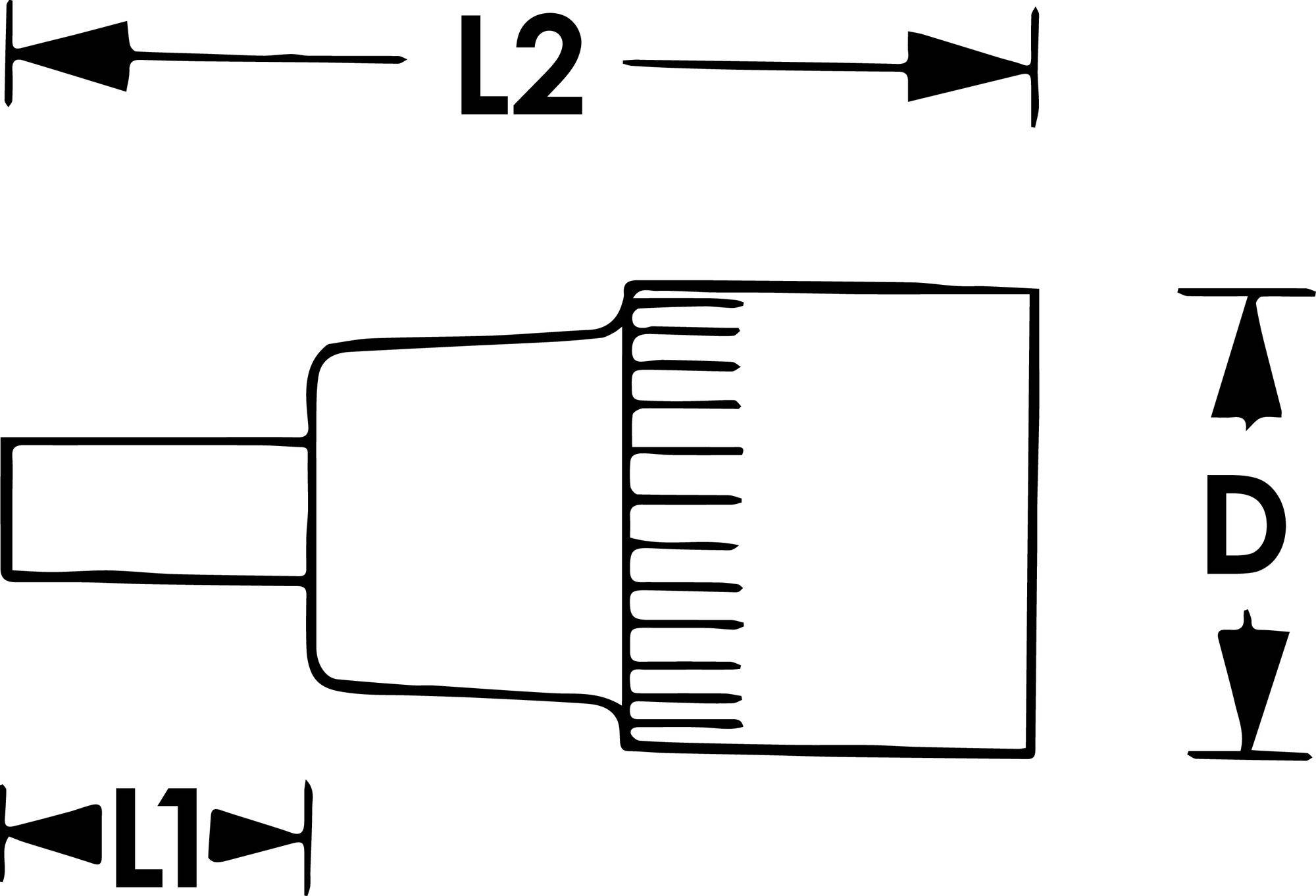 Diagram złącza z poziomym wymiarem 'L1' dla bolca, 'L2' dla obudowy oraz wymiarem pionowym 'D' określającym średnicę.