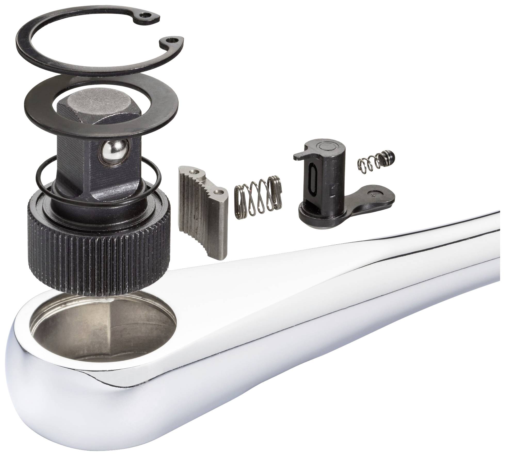 Rozłożony klucz zapadkowy z uchwytem. Przedstawione są poszczególne części: mechanizm zatrzasku, sprężyna i pierścień zabezpieczający.