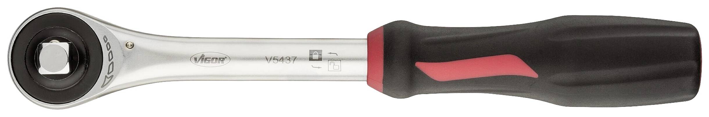 Klucz z grzechotką z ergonomicznym uchwytem. Metalowa obudowa z kwadratowym złączem, odpowiedni do zastosowań mechanicznych.