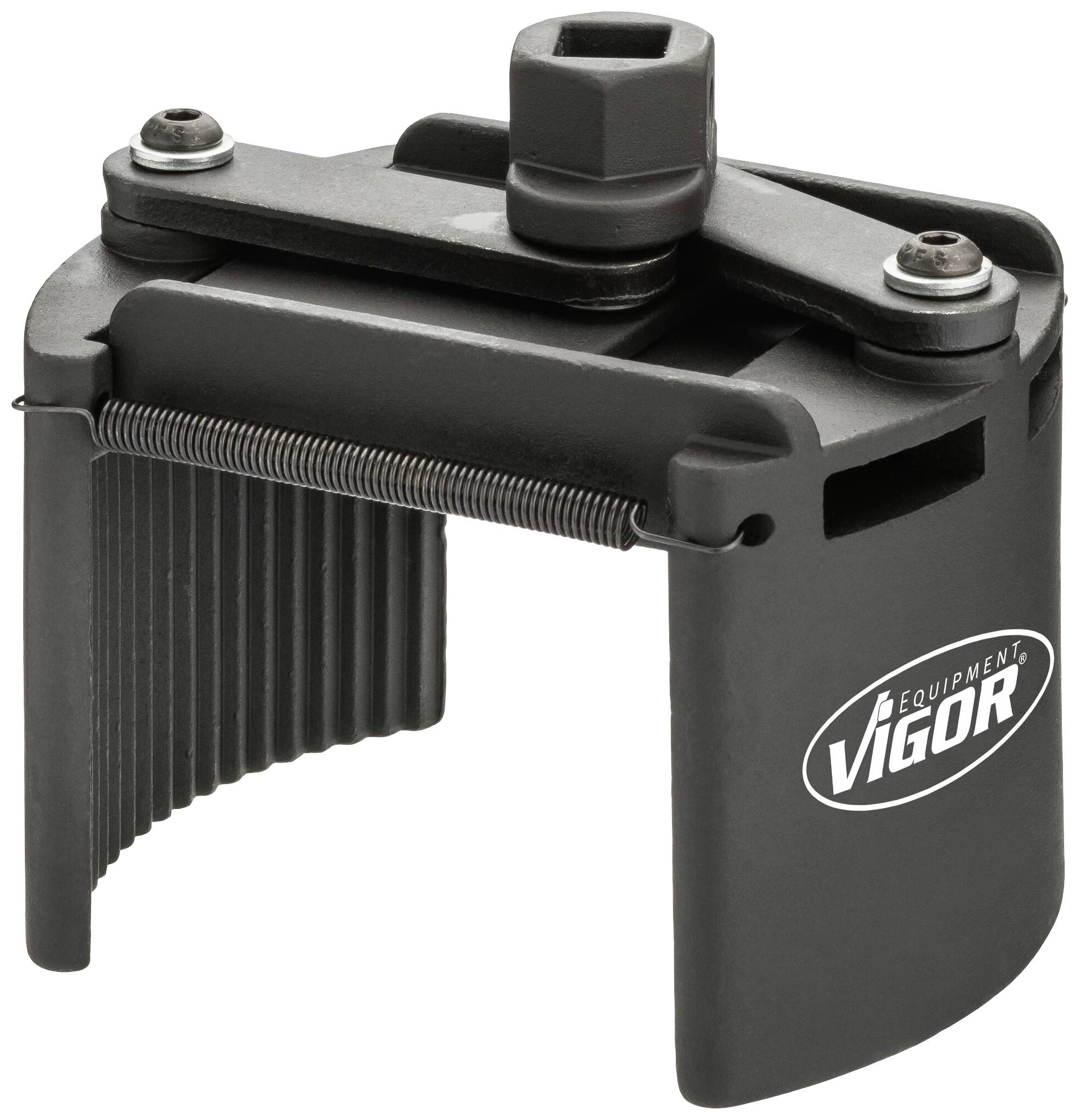 Czarny klucz do filtrów oleju z logo 'Vigor Equipment'. Opracowany do bezpiecznego odkręcania filtrów oleju w pojazdach.