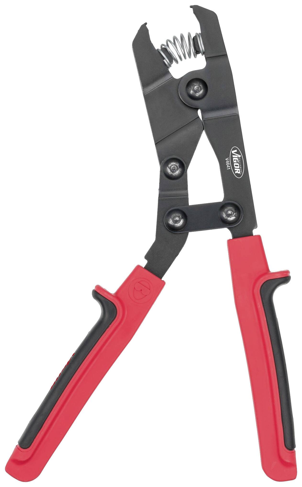 Szczypce kombinowane w kolorze czerwono-czarnym z mechanizmem sprężynowym, odpowiednie do chwytania i cięcia przewodów, z uchwytem z tworzywa sztucznego dla lepszego trzymania.