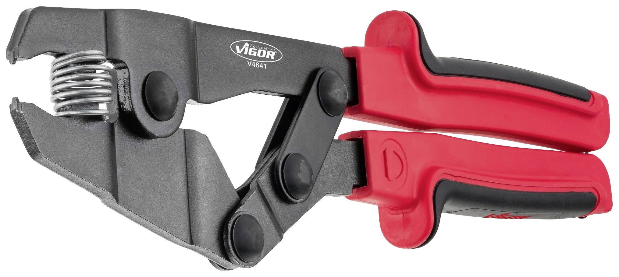 Szczypce z czerwonymi uchwytami i mechanizmem sprężynowym, odpowiednie do chwytania i cięcia metalu. Na szczypach widoczna jest marka 'Vigor'.