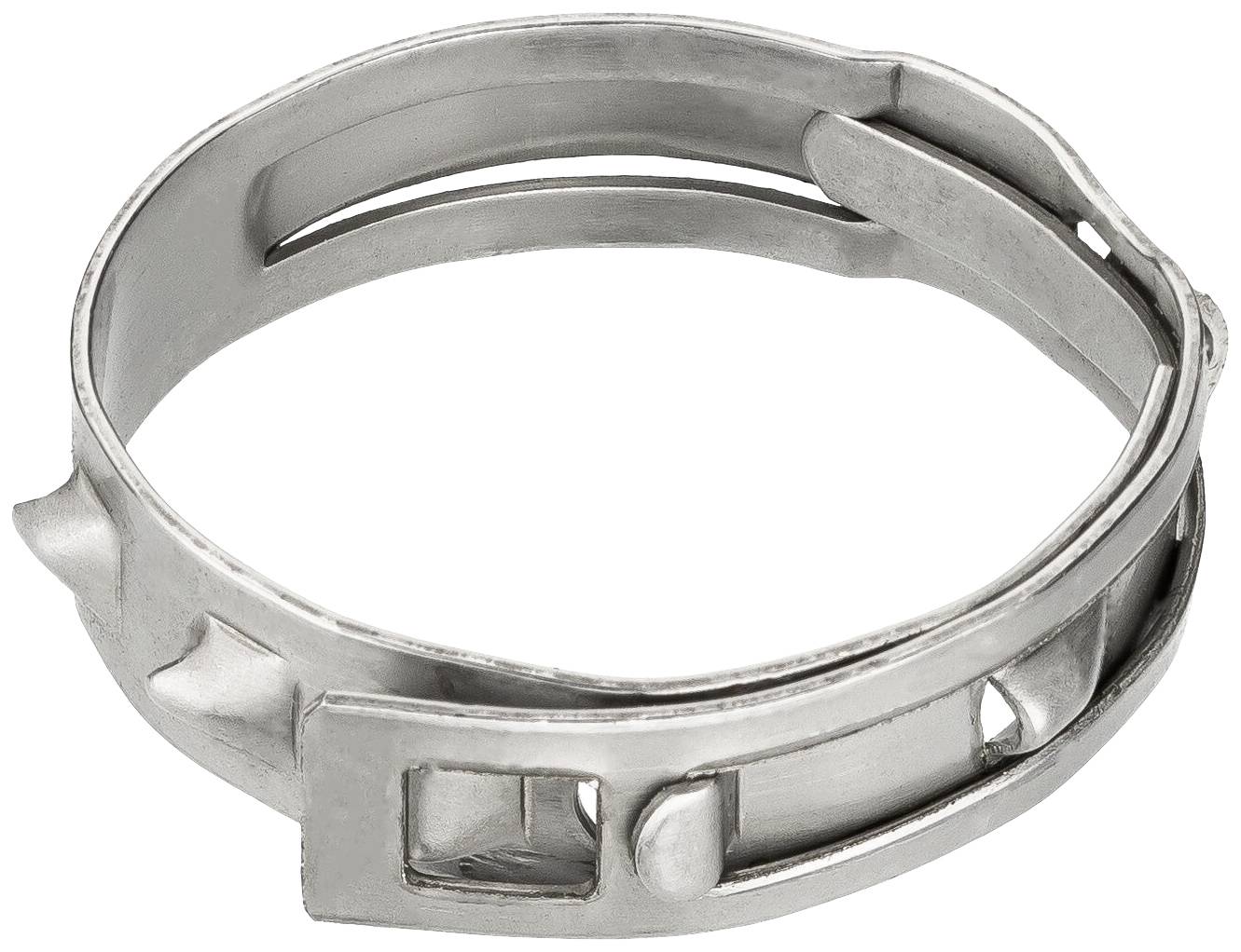 Srebrzysto-szary, cienki pierścionek z małymi, wypukłymi nitami wzdłuż powierzchni.