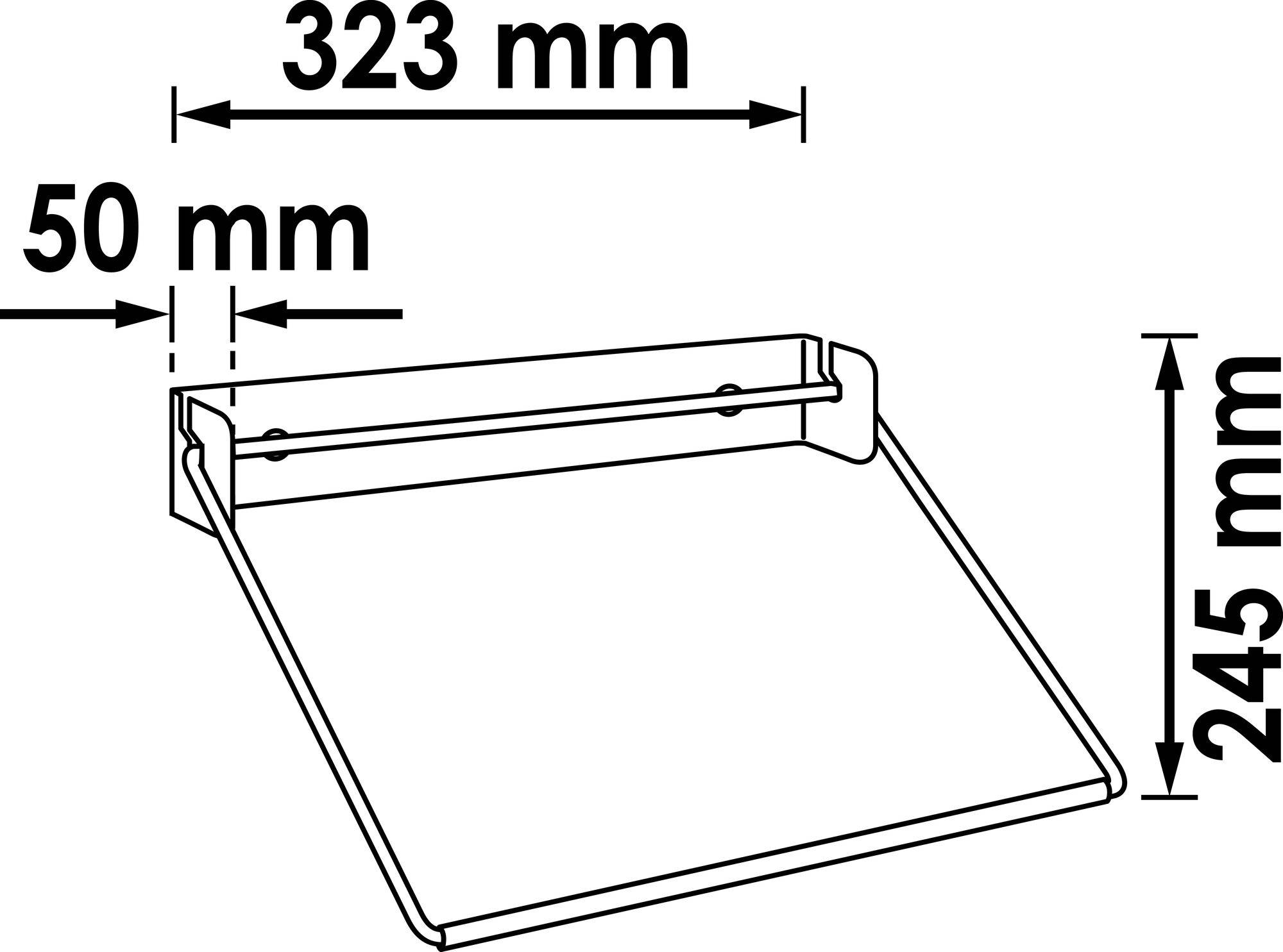 Schemat pochyłej półki z wymiarami: szerokość 323 mm, głębokość 50 mm, wysokość 245 mm.