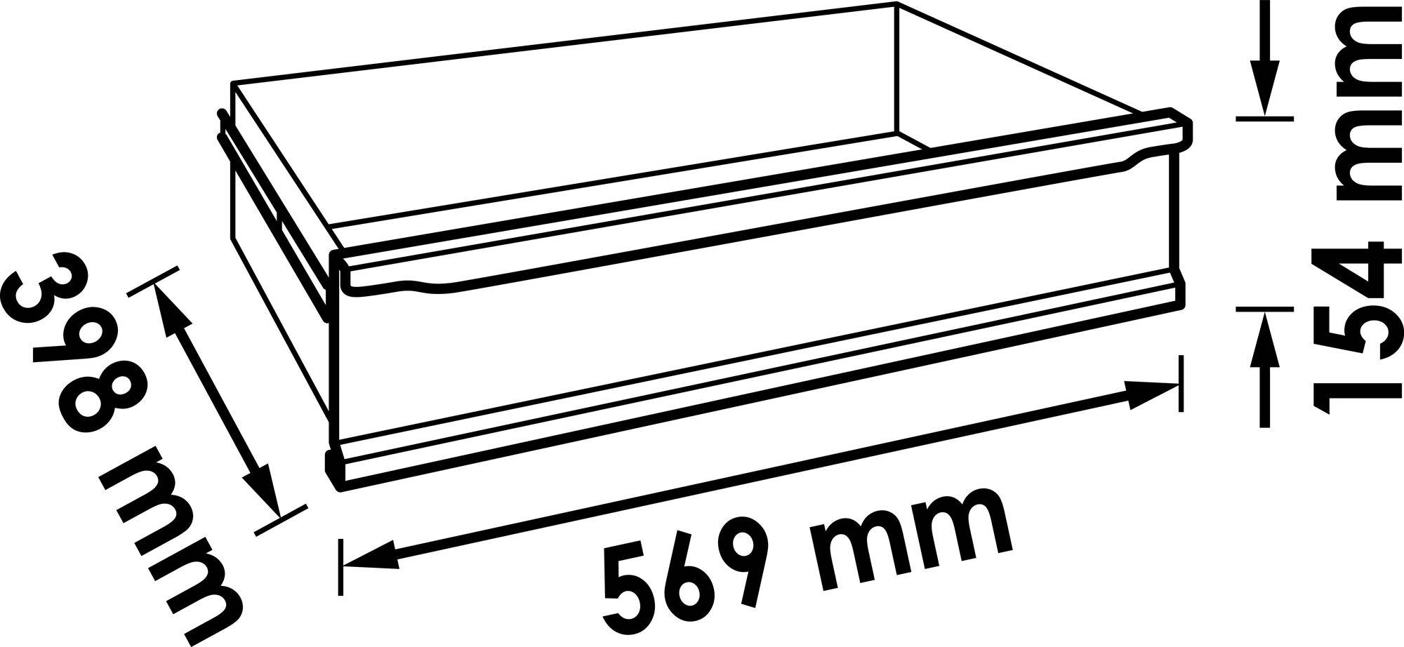 Diagram szuflady prostokątnej o wymiarach: szerokość 569 mm, wysokość 154 mm, głębokość 398 mm. Pokazuje wymiary do instalacji.