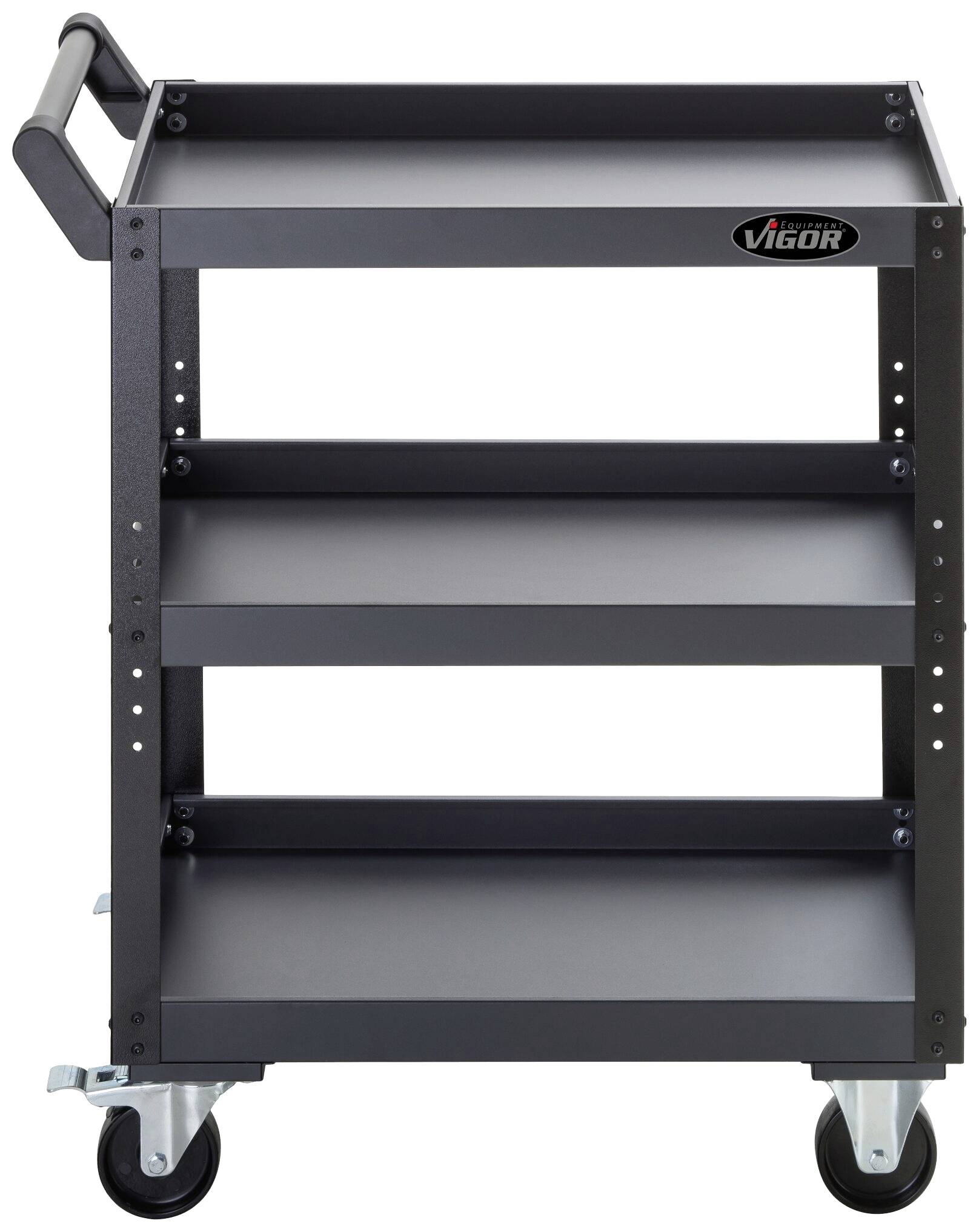 Szary metalowy wózek warsztatowy z trzema półkami i uchwytem, zamontowany na czterech kółkach. Logo marki 'Vigor' w prawym górnym rogu.