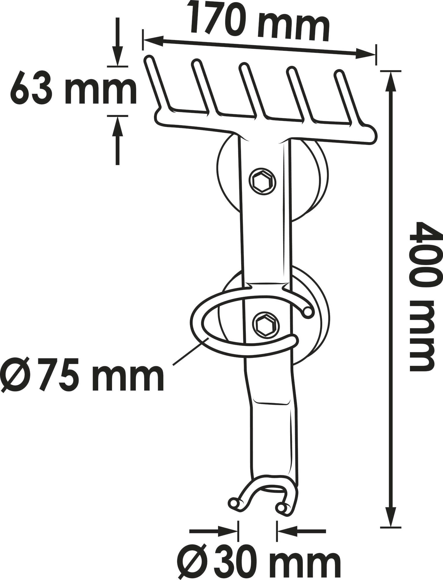 Rysunek uchwytu narzędziowego z wymiarami: 400 mm wysokości, 170 mm szerokości. Oznaczone Ø75 mm i Ø30 mm, 63 mm odległości między hakami.