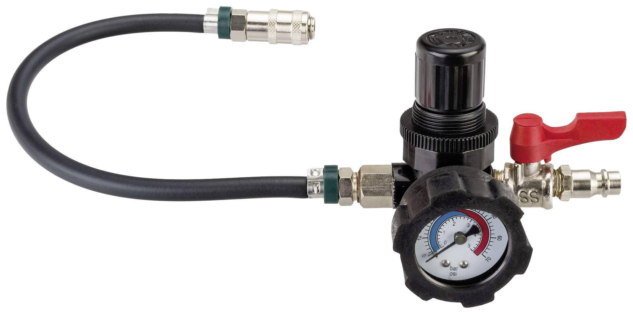'Regulator ciśnienia z wyświetlaczem i wężem; pokazuje ciśnienie w barach i psi; wyposażony w zawór odcinający z czerwoną dźwignią.'