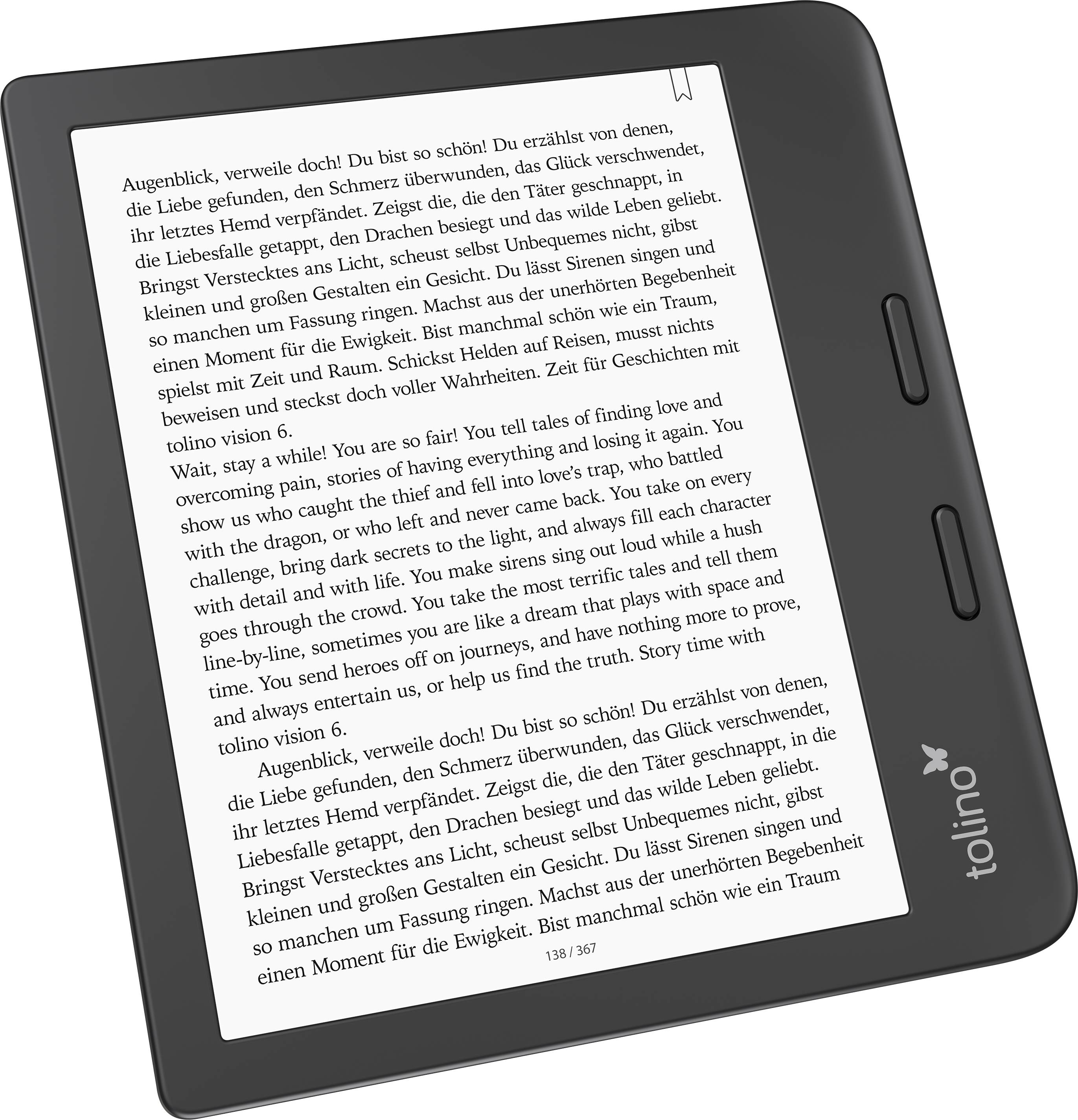 Czytnik e-booków wyświetla sześć okładek książek w języku niemieckim, w tym tytuły takie jak 'HOT single tata', 'Tylko nie znowu miłość' i 'Miłość północy'.