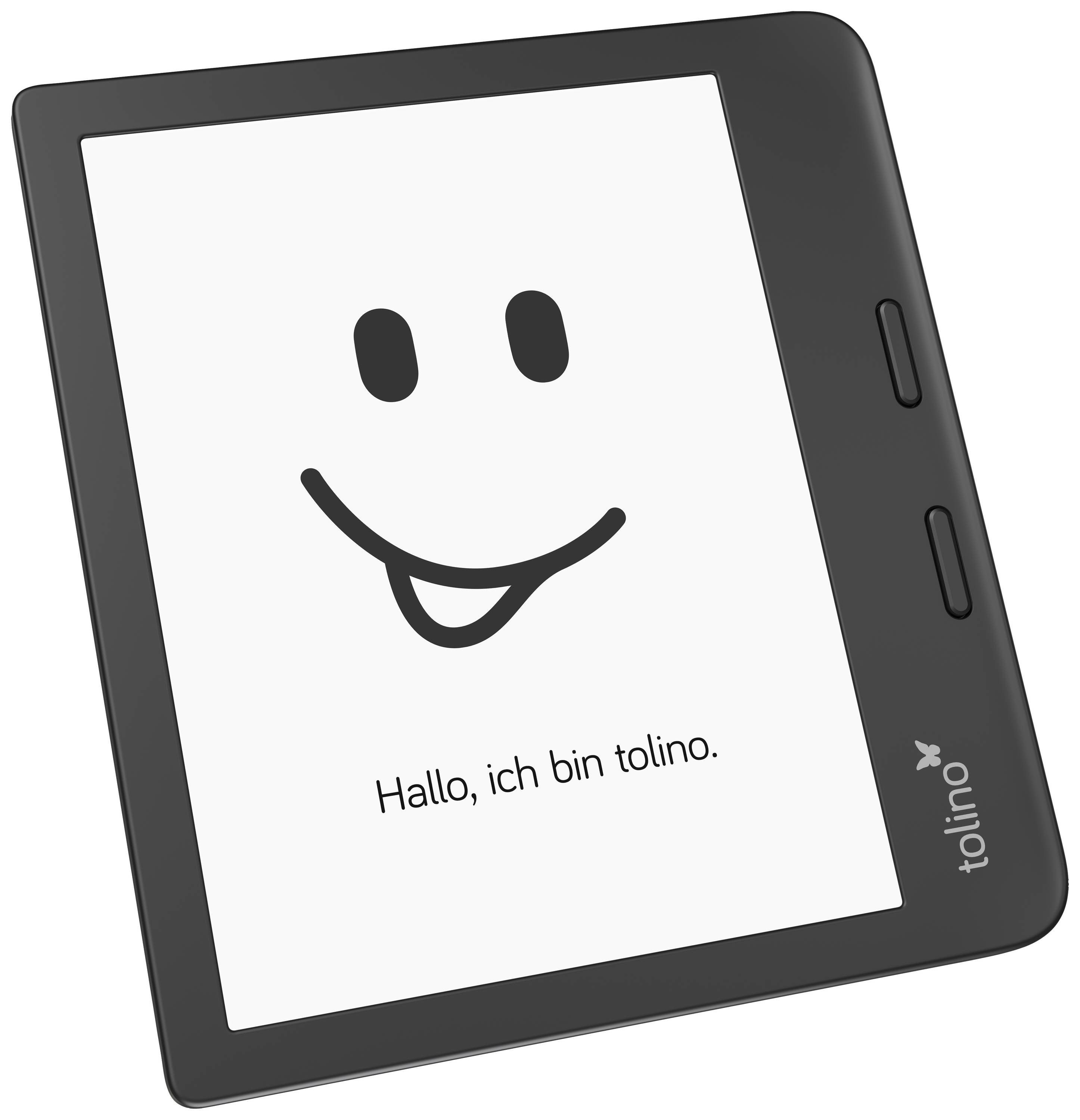 Czytnik e-booków z komunikatem 'Cześć, jestem tolino.' na ekranie i uśmiechniętą twarzą.
