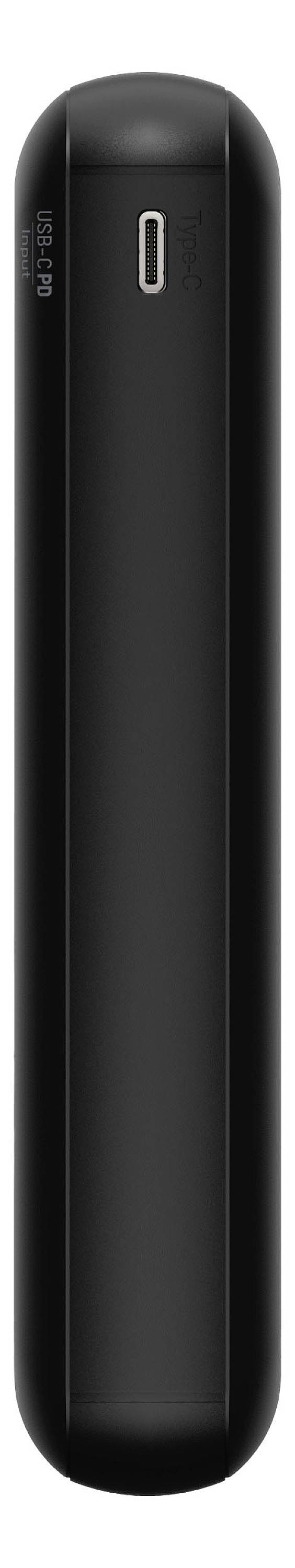 Czarny, cylindryczny, przenośny powerbank z wejściem USB-C na górnej powierzchni, ustawiony pionowo, o minimalistycznym designie.