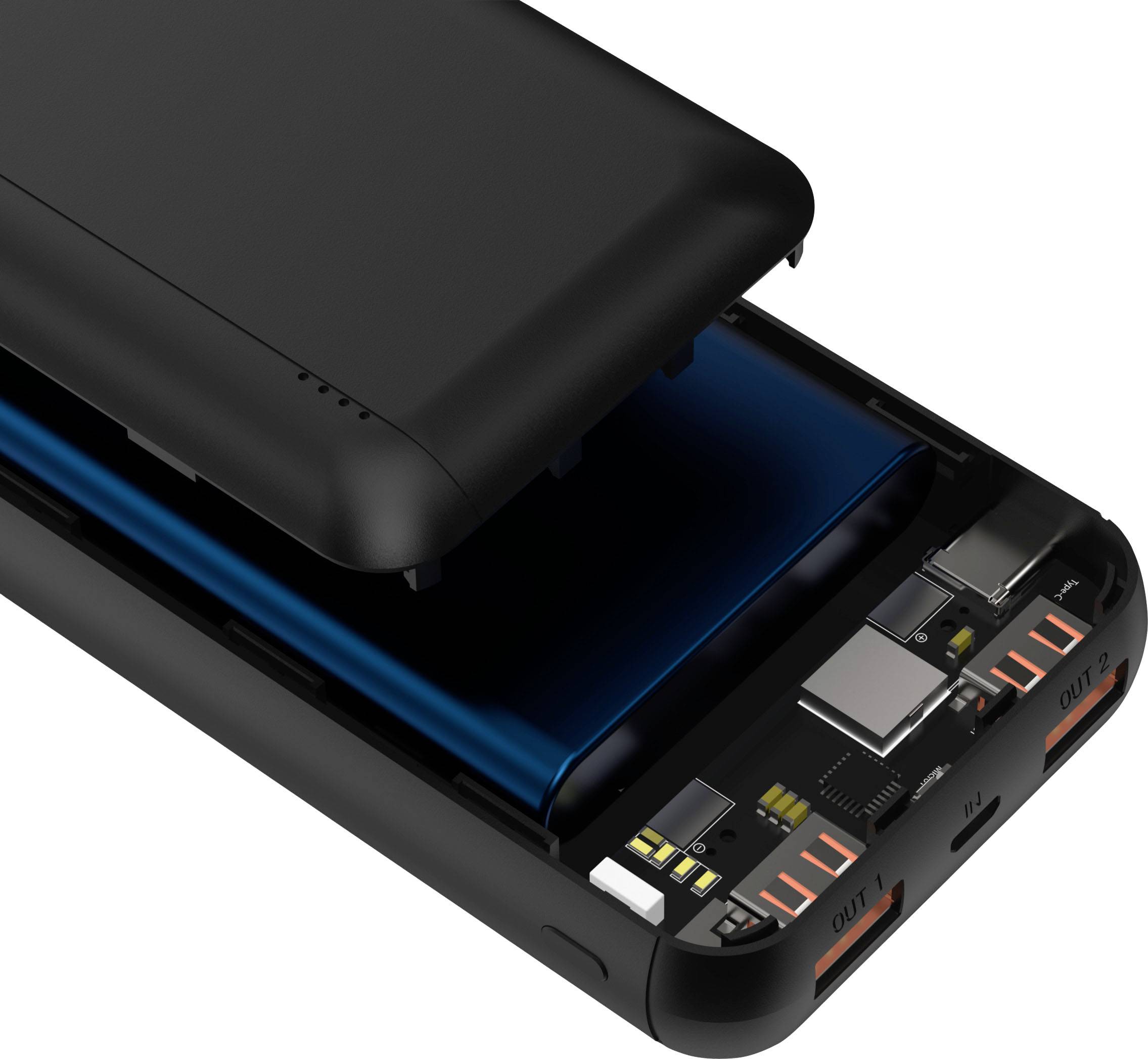 'Ilustracja rozłożonego przenośnego ładowarki z widocznymi elementami wewnętrznymi, takimi jak akumulator, obwody elektroniczne i złącza.'