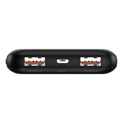 Czarna powerbank z dwoma złączami USB i złączem Micro-USB pośrodku, wszystkie oznaczone napisami 'Input' i 'QC3.0'.