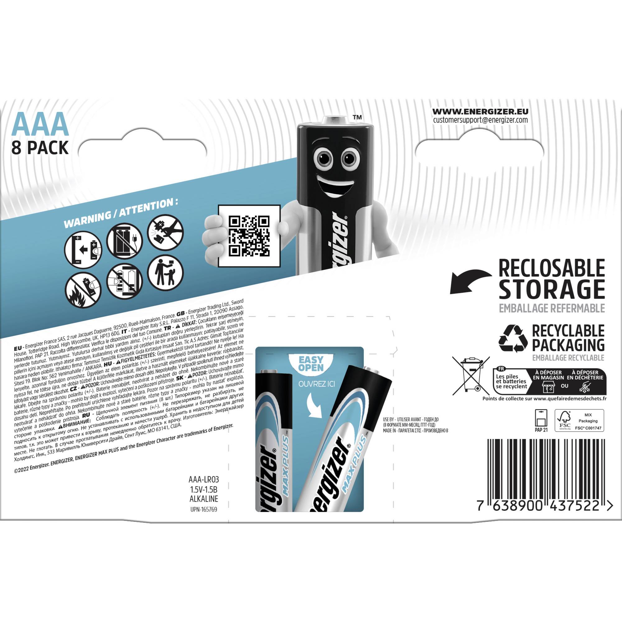 Батарейки AAA/R03 Energizer Max Plus 1.5 V 8 шт.