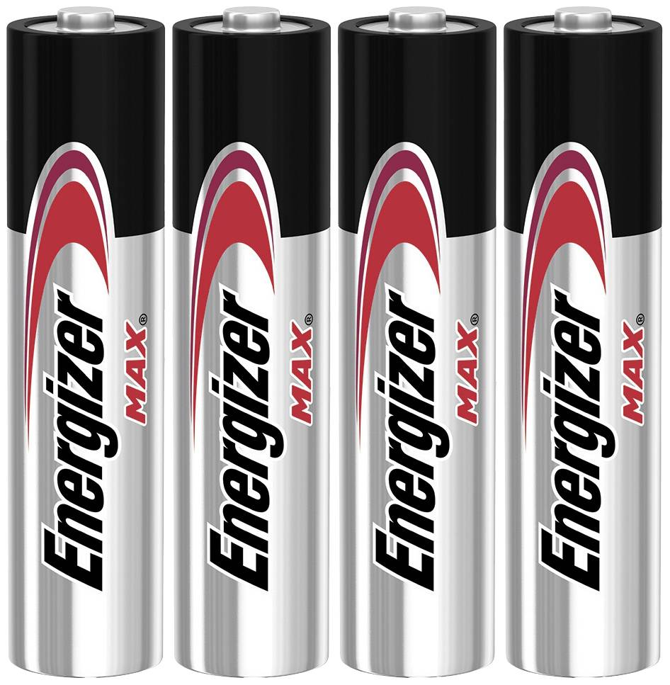 Cztery baterie Energizer MAX AA ułożone obok siebie, z czarnym i czerwonym logo na srebrnej obudowie.