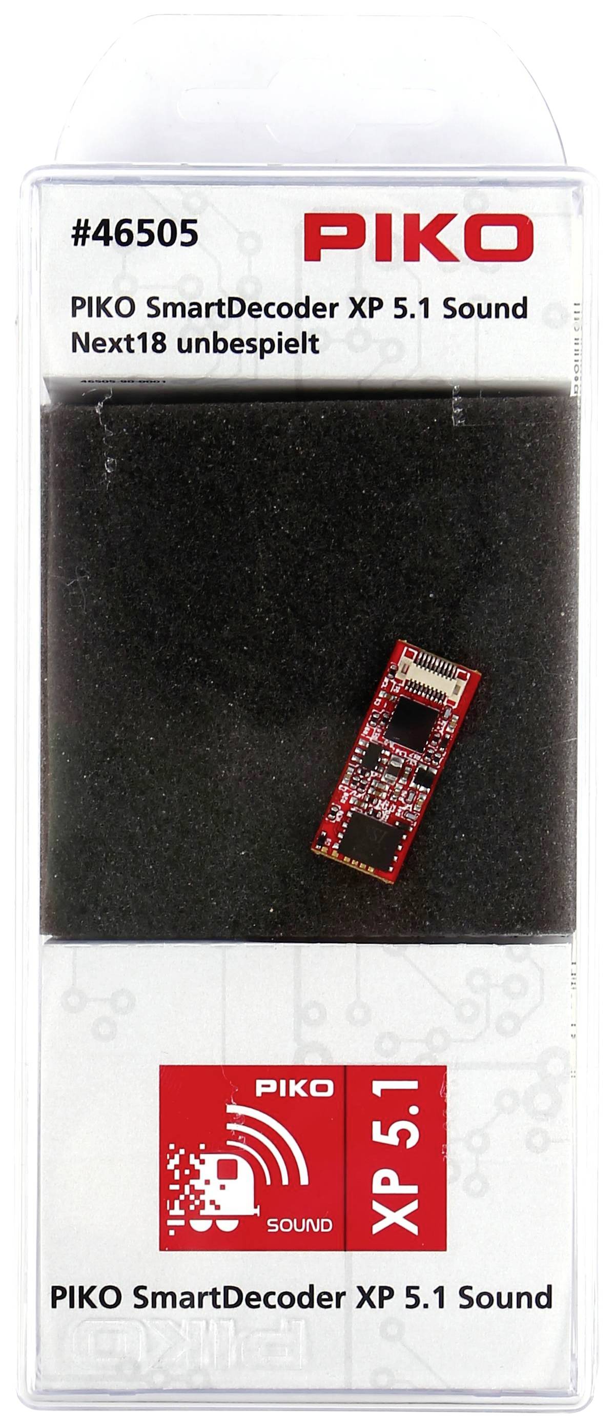 Dekoder dźwięku PIKO SmartDecoder XP 5.1, numer modelu #46505. Przedstawiony jest dekoder Next18 w opakowaniu z czarnym tłem.