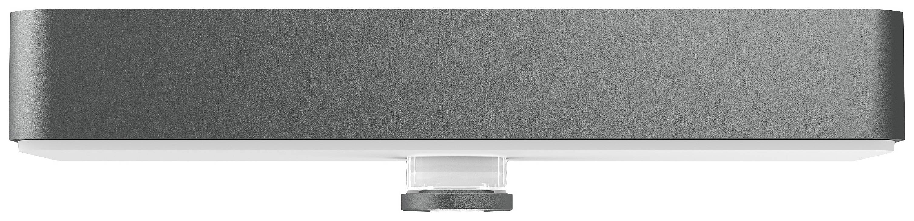 Szara, prostokątna skrzynka o zaokrąglonych rogach z srebrnym pokrętłem umieszczonym na środku dolnej krawędzi.