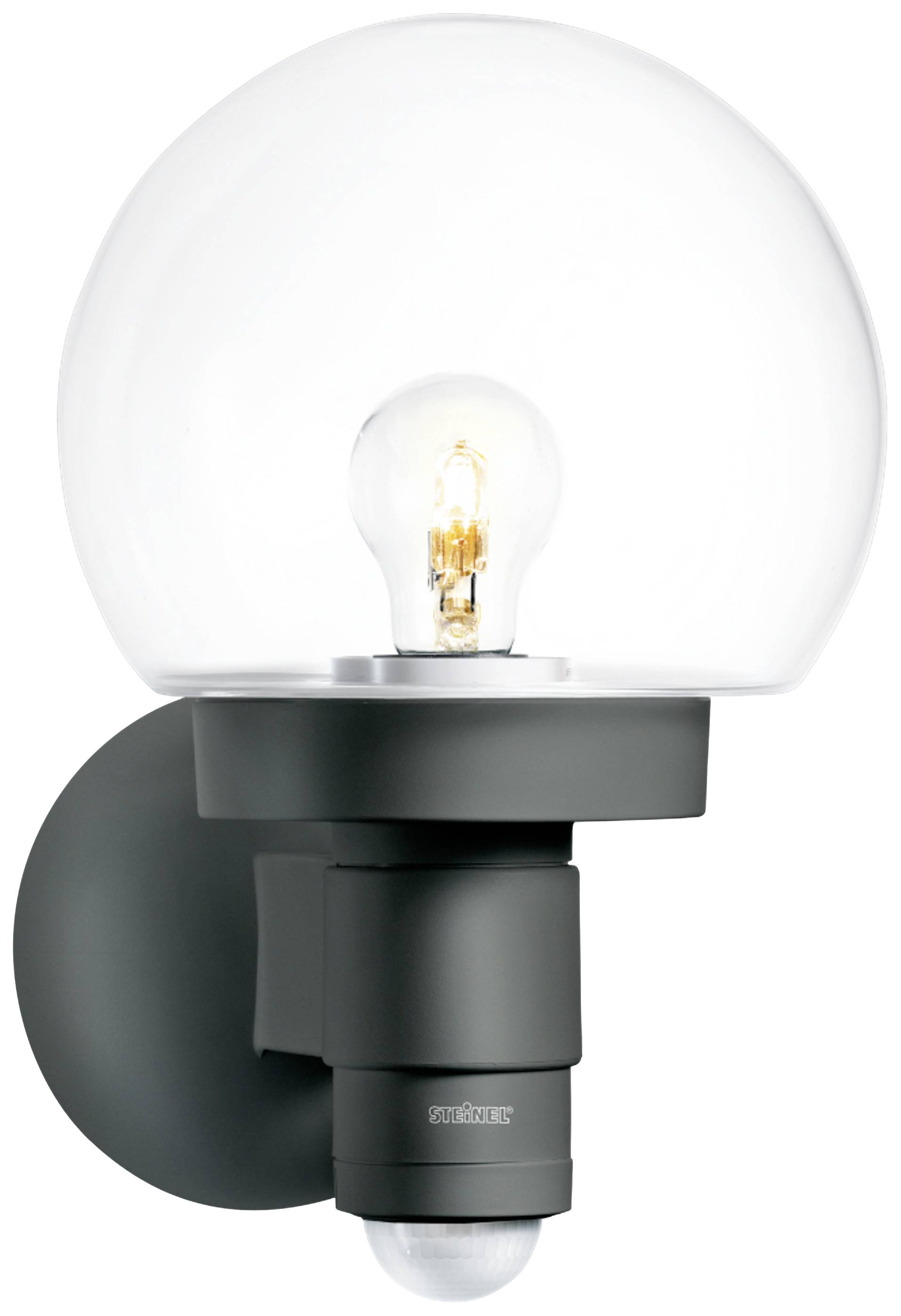 Lampa zewnętrzna z przezroczystym, kulistym kloszem szklanym i czarną podstawą, odpowiednia do montażu ściennego, oświetlająca za pomocą żarówki.