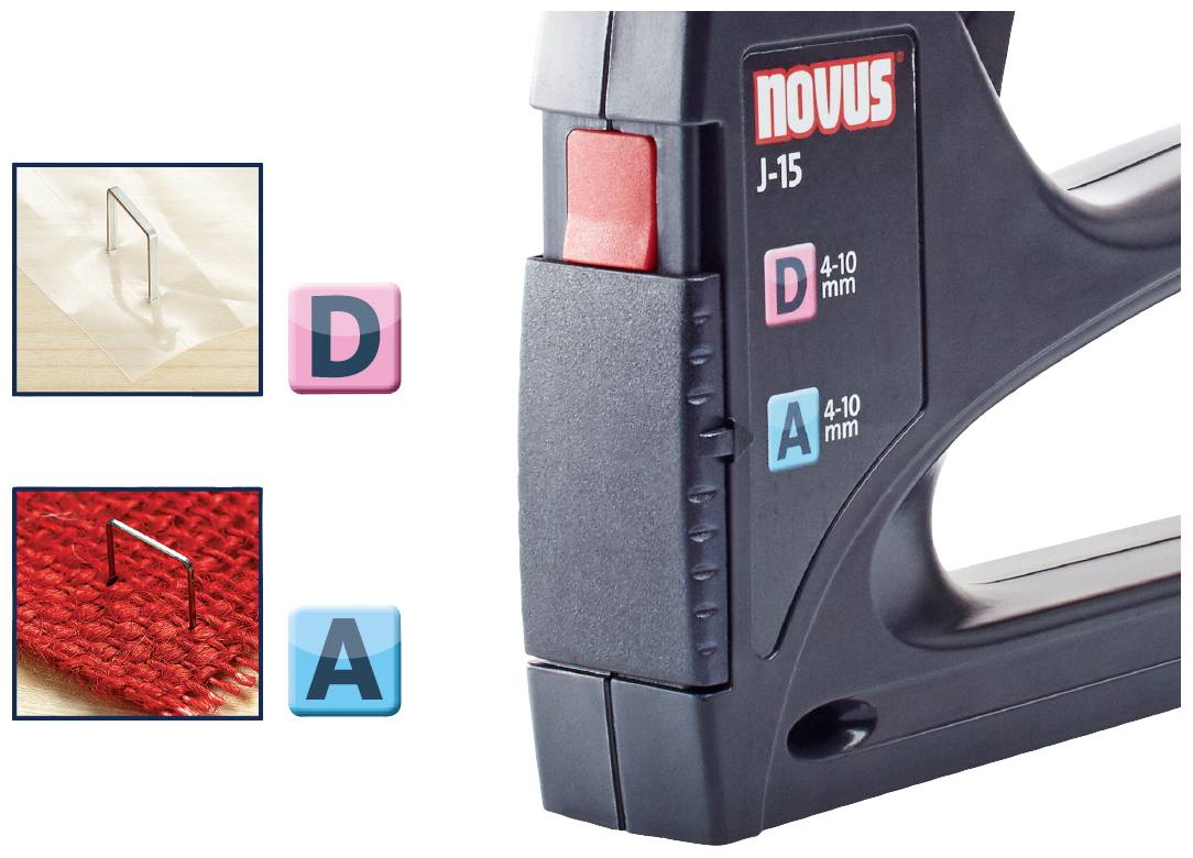Zszywacz ręczny z zszywkami; czerwony przycisk zwalniający; odpowiedni do tkanin i drewna o rozmiarach zszywek od 4 do 10 mm.