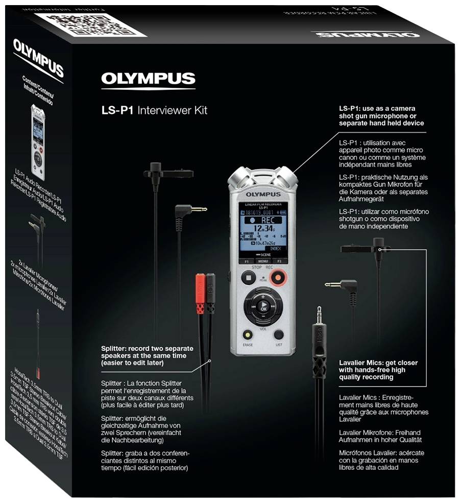 Zestaw Olympus LS-P1 Interviewer z nagrywarką audio, mikrofonem krawatowym i akcesoriami przedstawiony na zdjęciu. Opakowanie prezentuje cechy produktu.