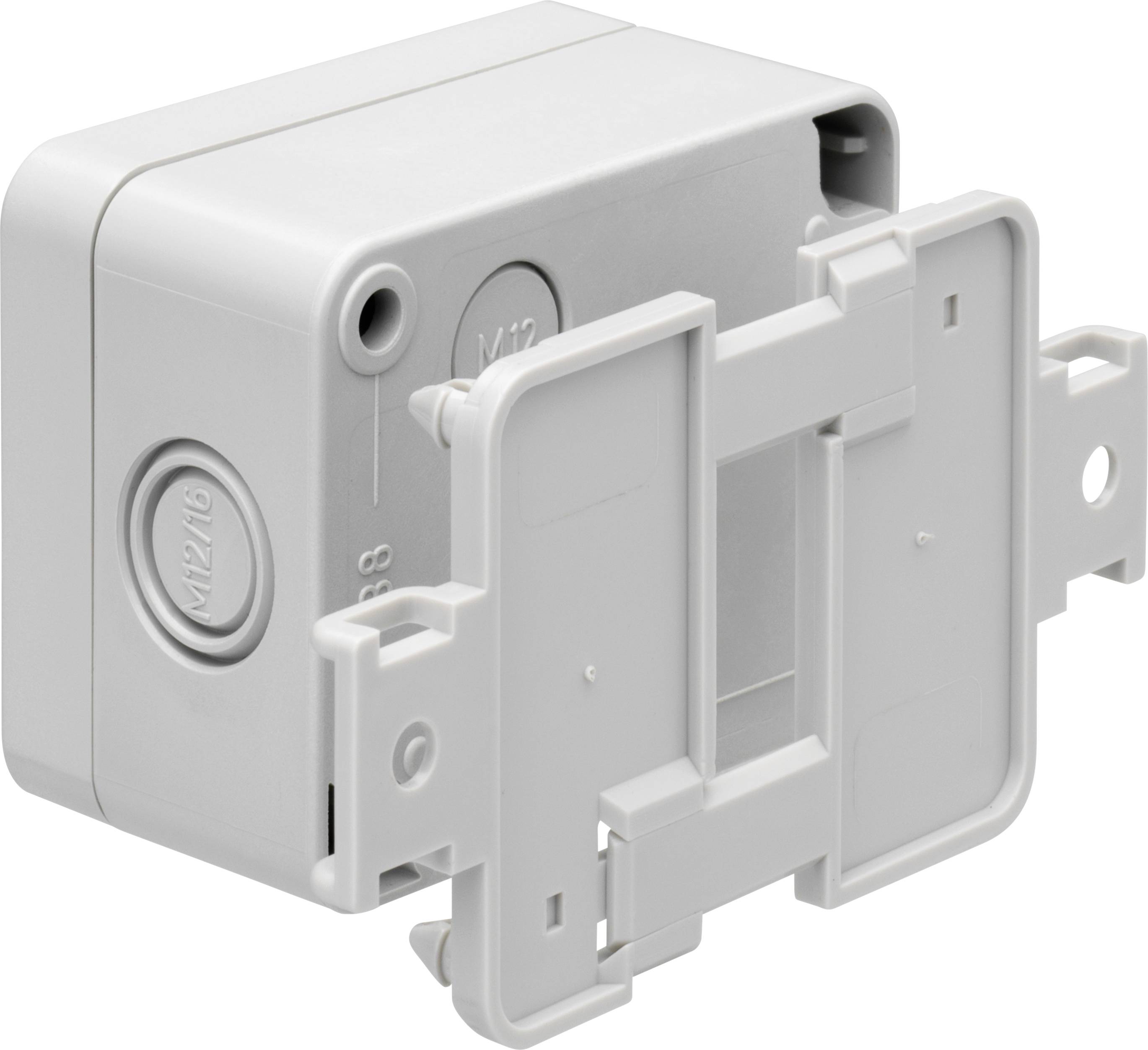 Szare prostokątne obudowa z tworzywa sztucznego z wymiennym uchwytem, z otworami bocznymi, przeznaczona do instalacji elektrycznych.