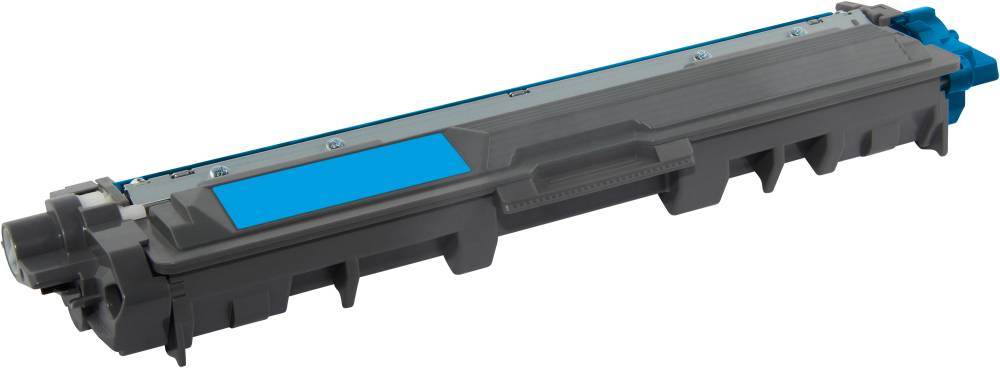 Szare i niebieskie wkłady z tonerem do drukarki, ułożone poziomo na białym tle, prezentujące kształt i kolory do identyfikacji.