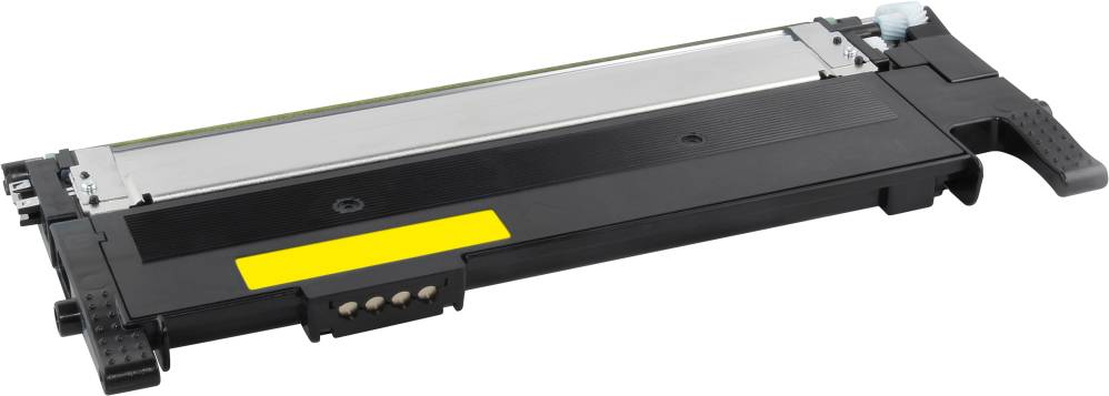 Czarna kaseta z tonerem do drukarki laserowej z żółtą etykietą, leżąca na jasnym podłożu.