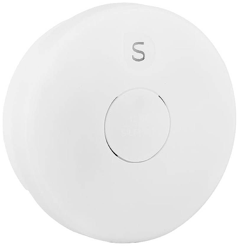 Okrągły, biały czujnik dymu z centralnym przyciskiem testowym i literą 'S' na górze.