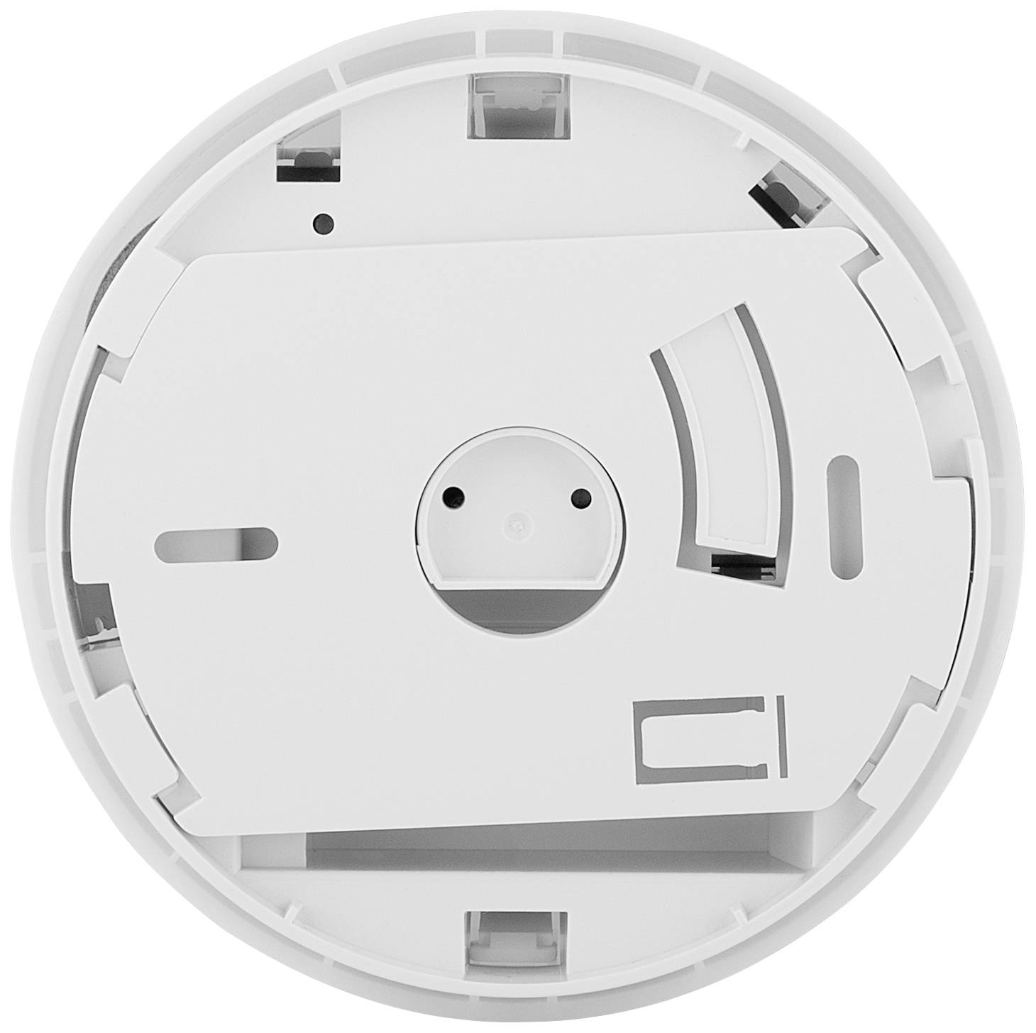 Biały, okrągły czujnik dymu widziany od dołu, ukazujący punkty montażowe i komorę baterii.