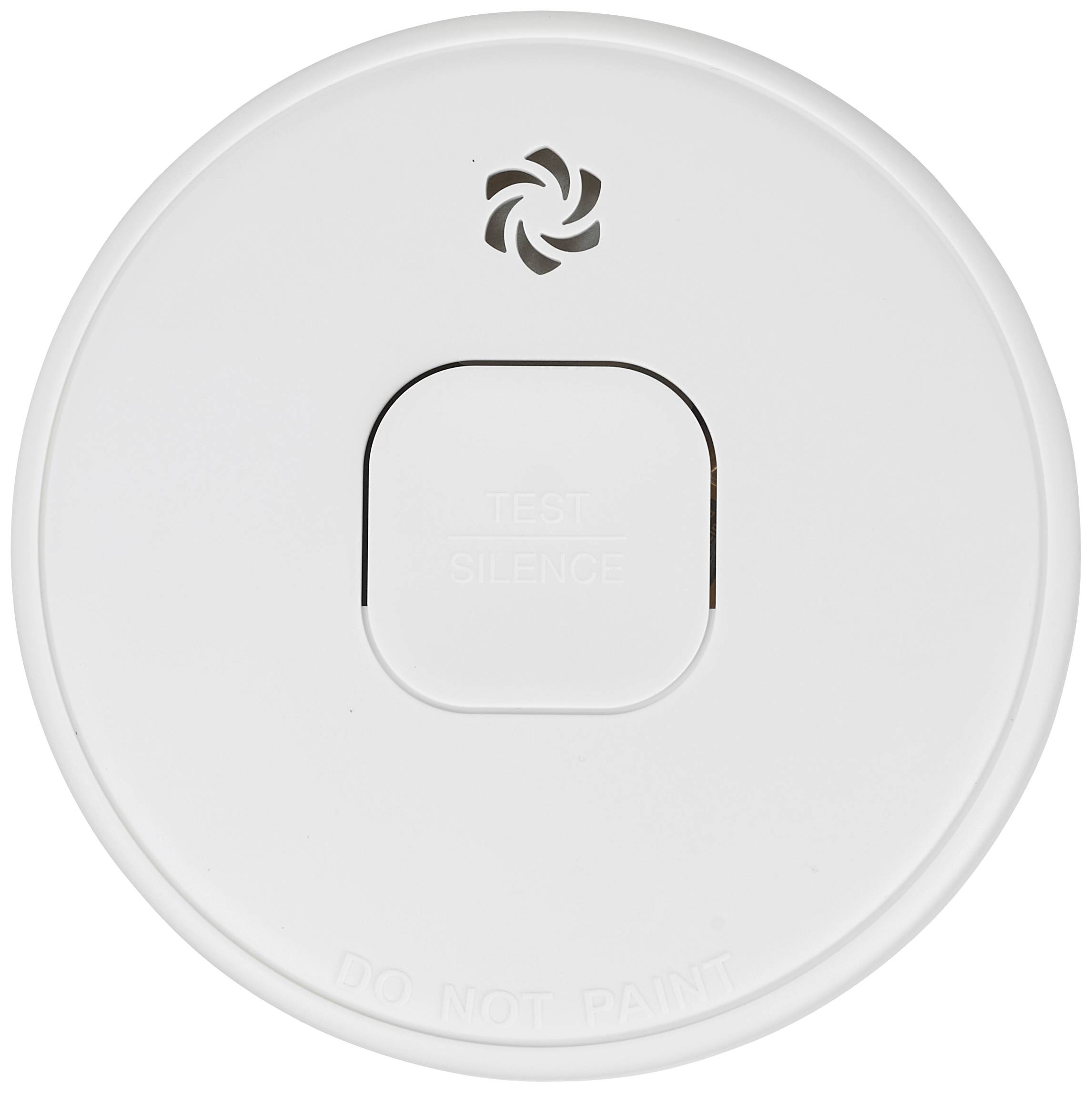 Czujnik dymu z przyciskiem pośrodku i napisem 'Test Silence'.