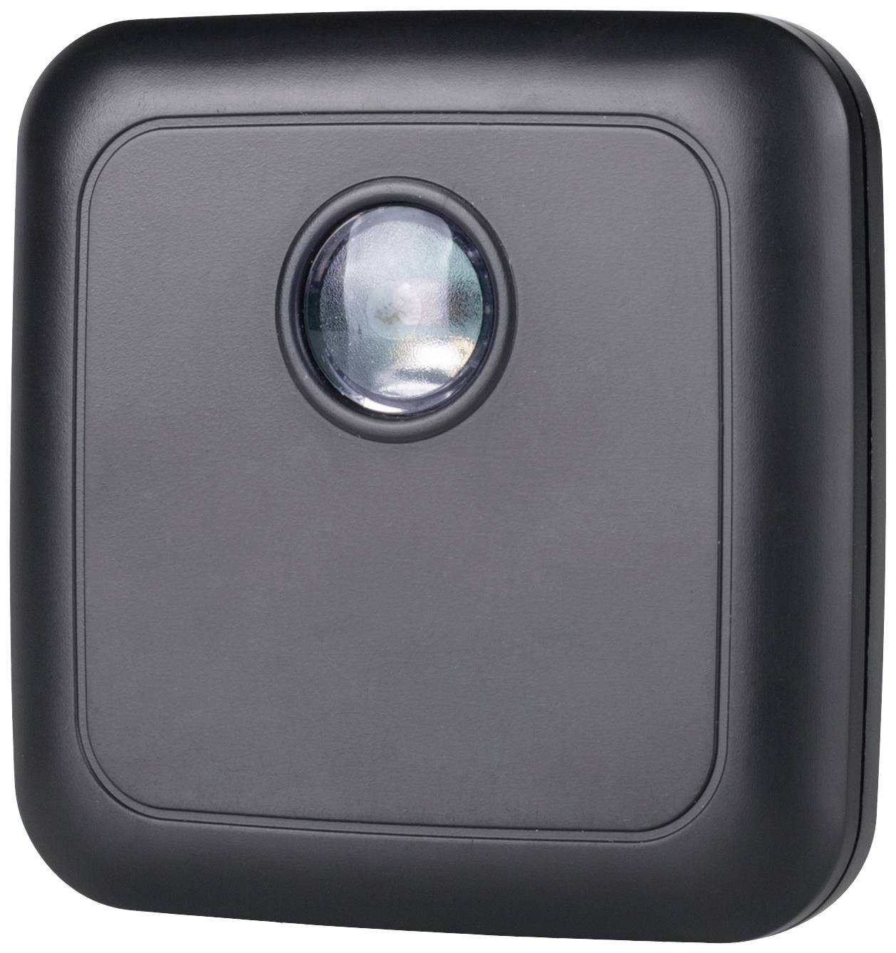 Czarny, kwadratowy sprzęt bezpieczeństwa o zaokrąglonych narożnikach z centralnym obiektywem, prawdopodobnie kamera.