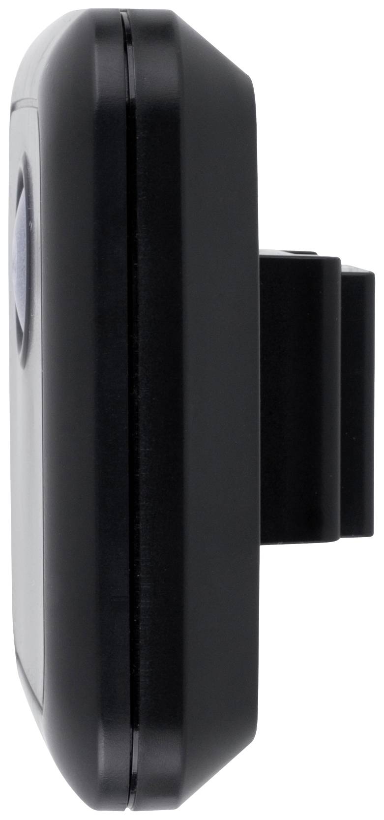 Widok z boku czarnego urządzenia elektronicznego z soczewkowatym wybrzuszeniem i uchwytem z tyłu, prawdopodobnie kamerą.