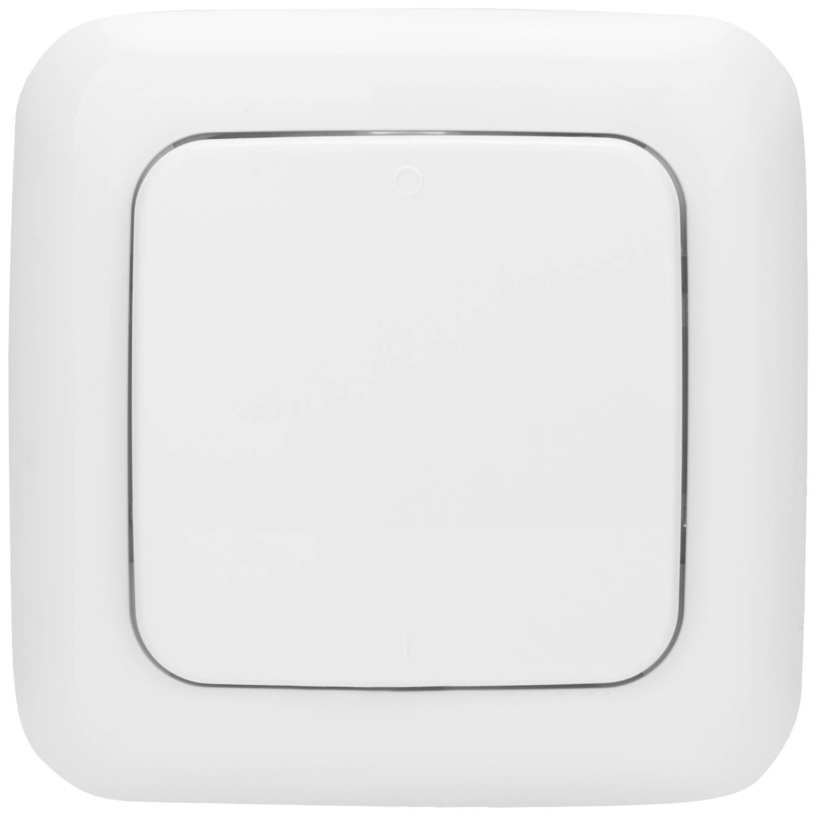 Włącznik światła w prostokątnej ramce z zaokrąglonymi narożnikami, umieszczony na środku białej ściany.