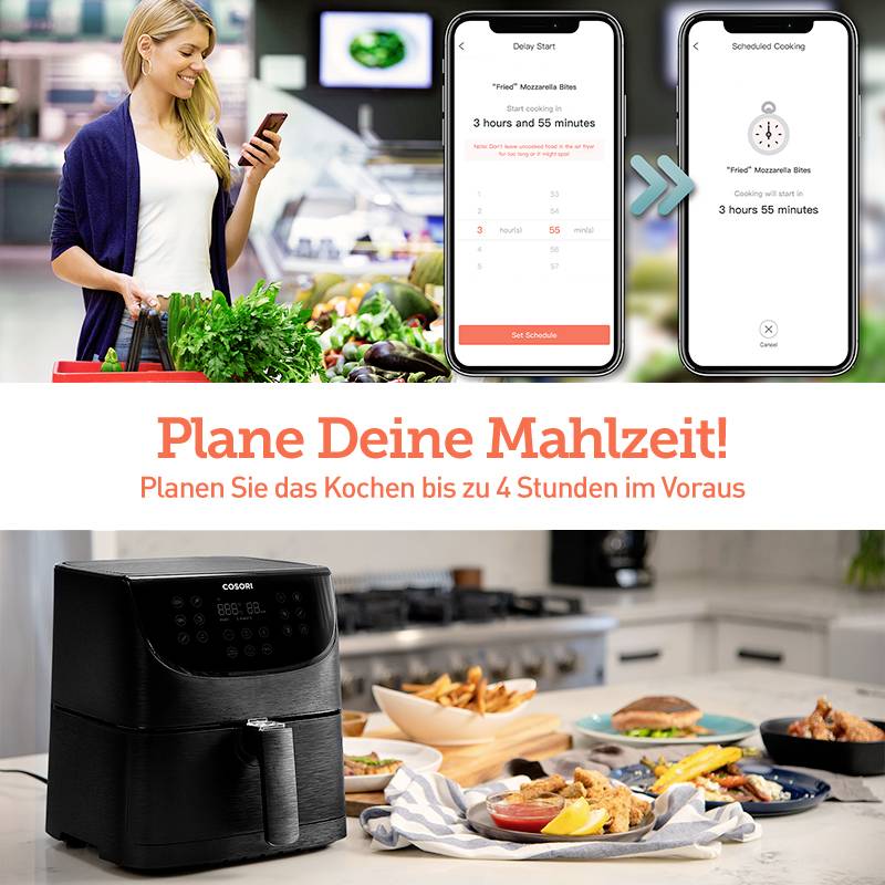 Użytkowniczka planuje posiłek za pomocą aplikacji na smartfonie obok frytkownicy. Tekst: Zaplanuj swój posiłek! Zaplanuj gotowanie nawet do 4 godzin wcześniej.