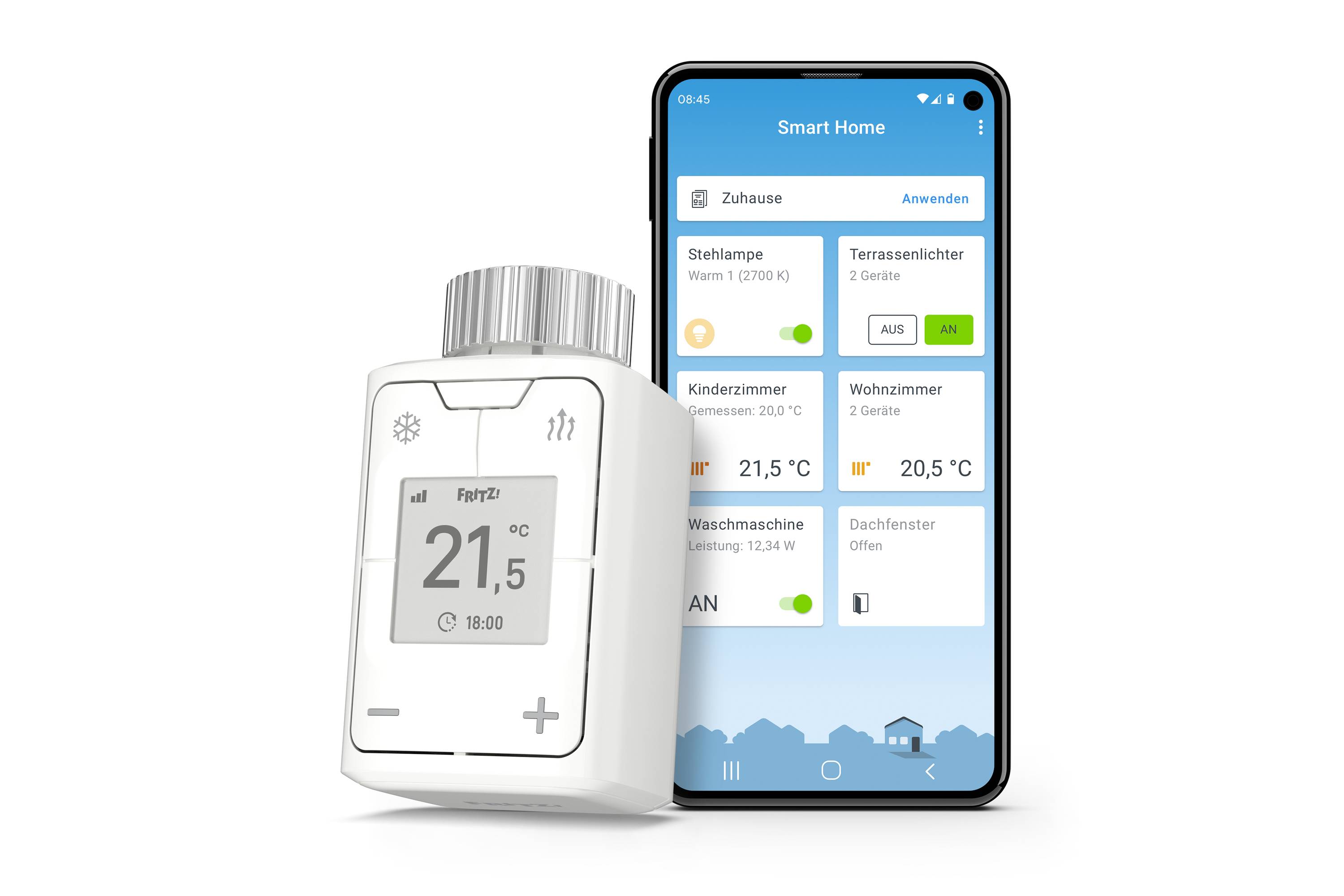 Smartfon wyświetla aplikację Smart Home z temperaturami w pomieszczeniach i opcjami sterowania. Obok znajduje się cyfrowy termostat z wyświetlaczem.