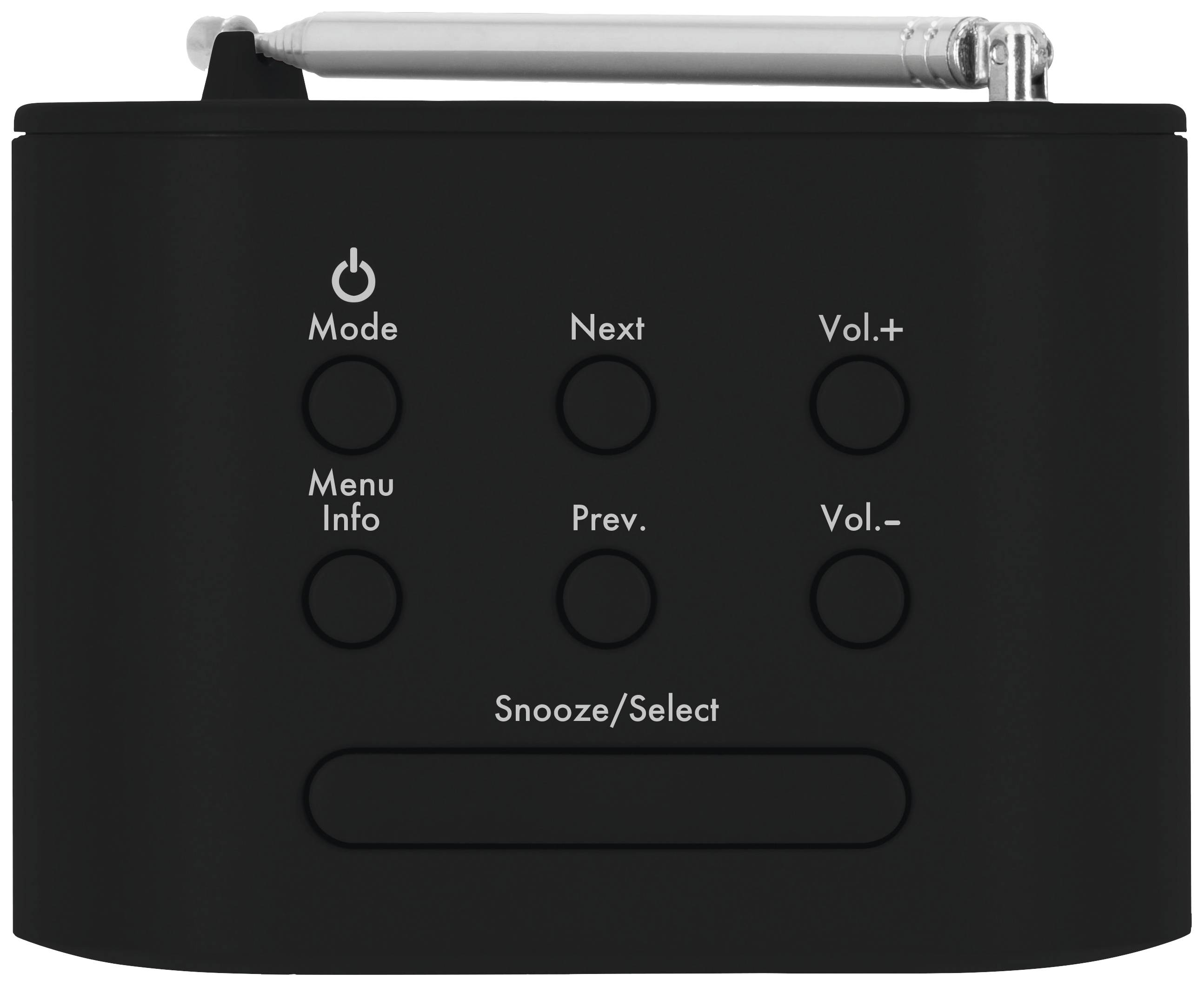 Czarne radio z sześcioma przyciskami do obsługi funkcji takich jak 'Tryb', 'Menu/Info', 'Następny', 'Poprzedni', 'Głośność+', 'Głośność-' oraz 'Drzemka/Wybór'.