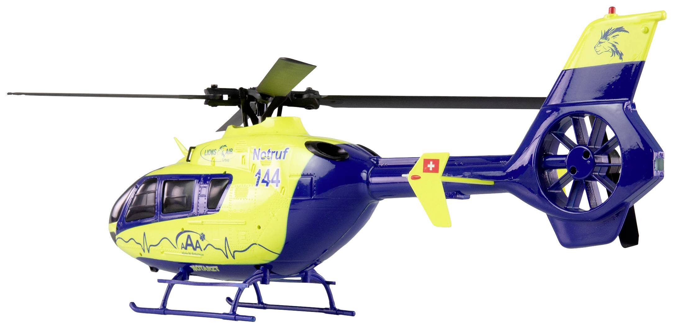 Żółto-niebieski model helikoptera z napisem '144 Numer Alarmowy', stoi na białym tle.