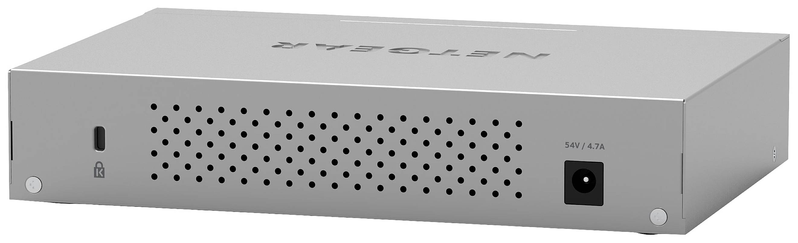 Srebrny switch sieciowy z otworami wentylacyjnymi z przodu. Napis "NETGEAR". Odpowiedni do użytku domowego lub biurowego.